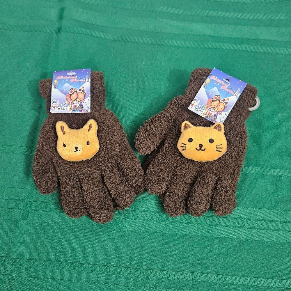 2/$15 2 Pairs Brown Kids Mittens with Animal Design